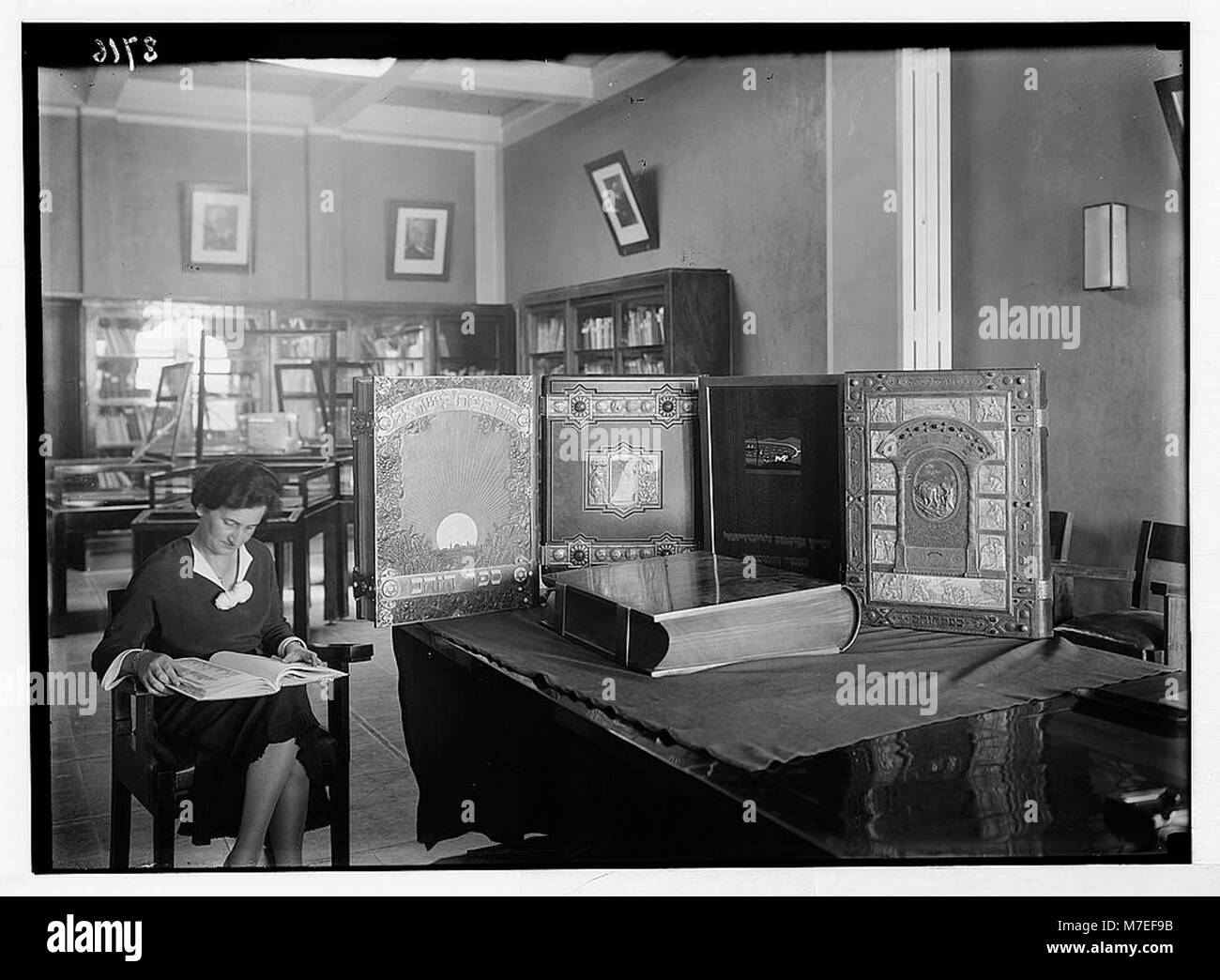 This photograph shows the 'Golden Books' of Honour, records stored in the Zionist Executive building on King George Avenue in Jerusalem. The Golden Books contained the names of individuals who supported the Zionist movement. Stock Photo