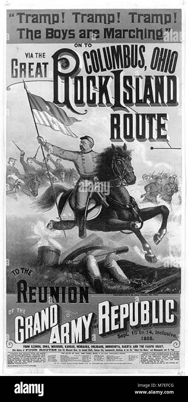 The Great Rock Island route, a key rail line, is depicted in connection with the reunion of the Grand Army of the Republic, an event honoring Civil War veterans. Stock Photo