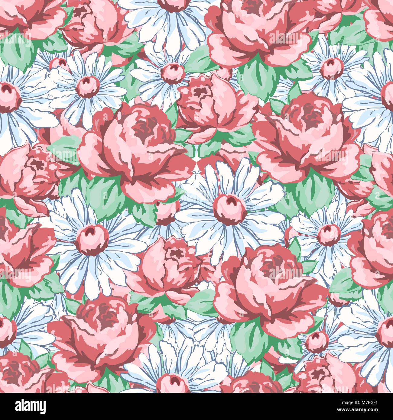 Rose and chamomile flower hand drawing seamless pattern, vector floral ...