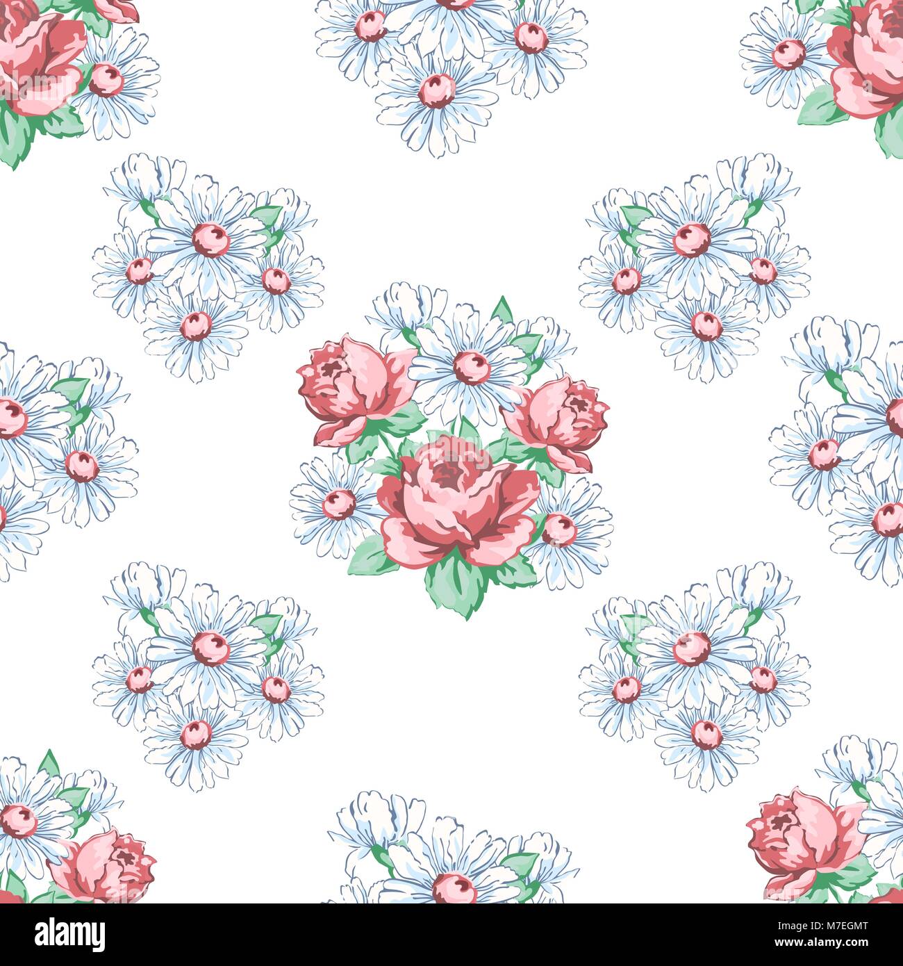 Rose and chamomile flower hand drawing seamless pattern, vector floral ...