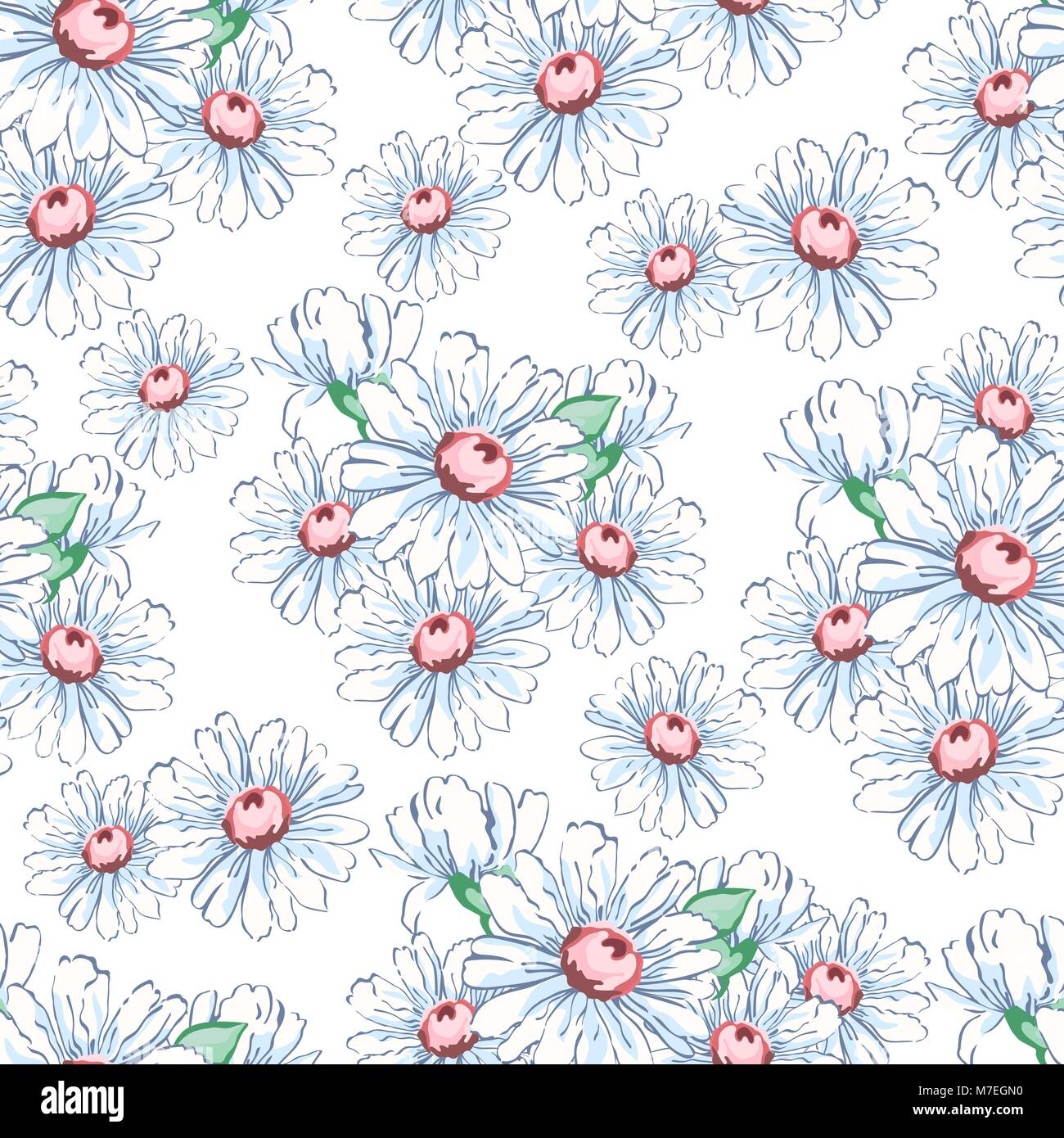 Chamomile flower hand drawing seamless pattern, vector floral background, floral embroidery ornament. Drawn buds white chamomile flower on white backdrop. For fabric design, wallpapers, decorating Stock Vector