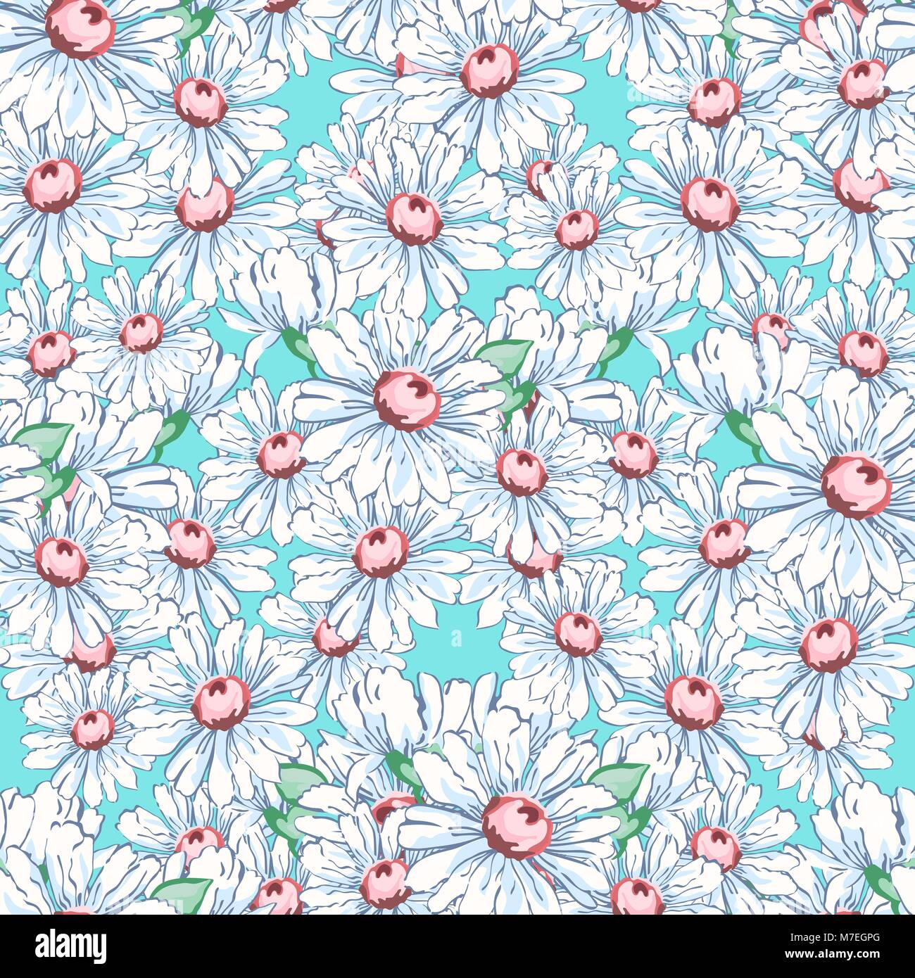 Chamomile flower hand drawing seamless pattern, vector floral background, floral embroidery ornament. Drawn buds white chamomile flower and leaves on green backdrop. For fabric design, wallpapers Stock Vector
