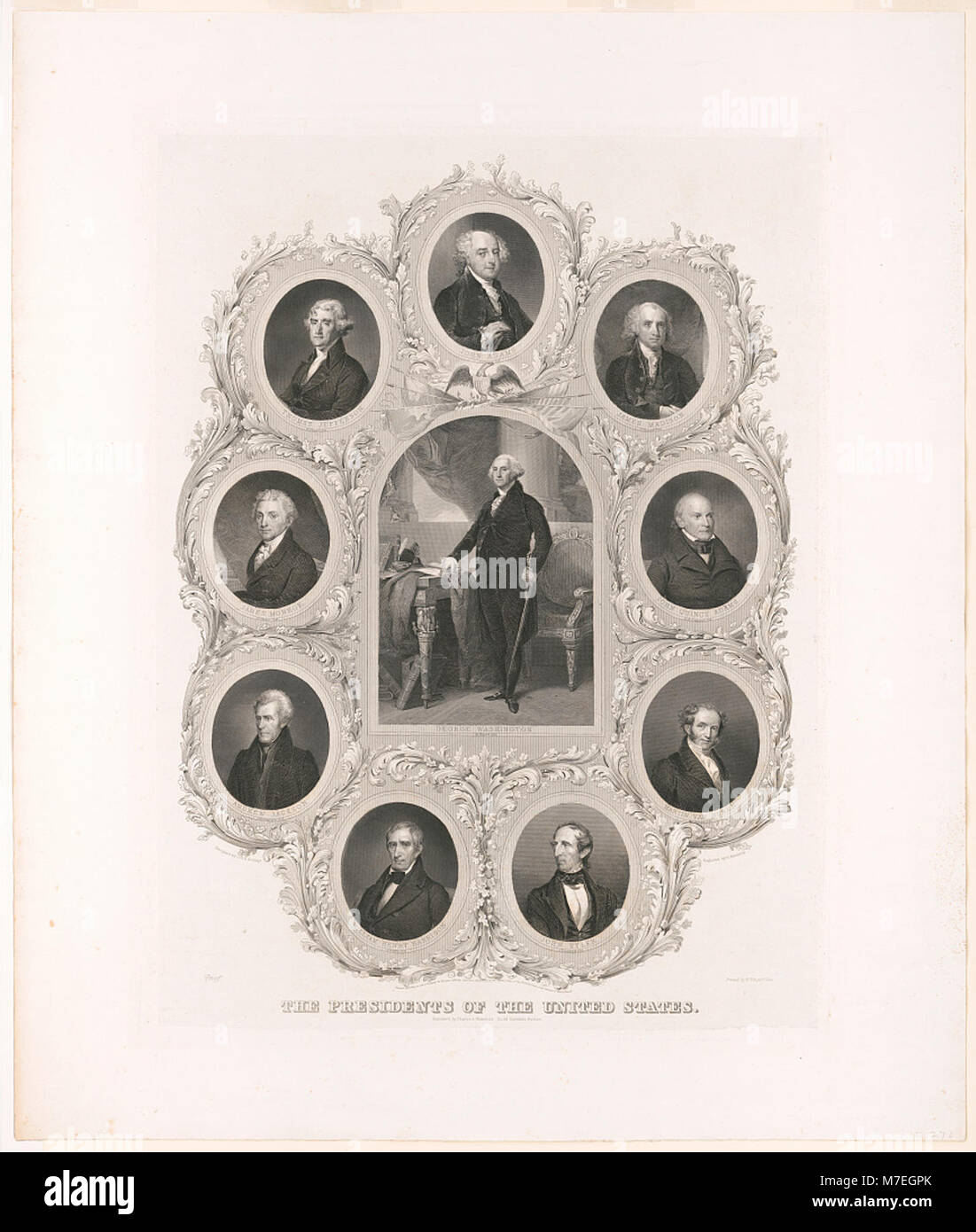 A design of the Presidents of the United States, created by C.H.H. Billings and engraved by D. Kimberly, showcasing the U.S. presidents in a historical portrait series. Stock Photo