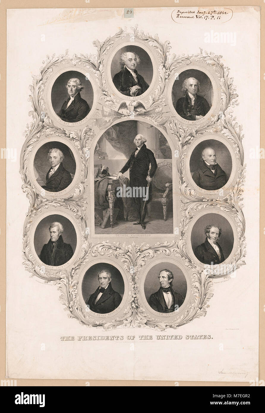 An engraving by D. Kimberly, designed by C.H.H. Billings, depicting the presidents of the United States, showcasing their historical likeness. Stock Photo