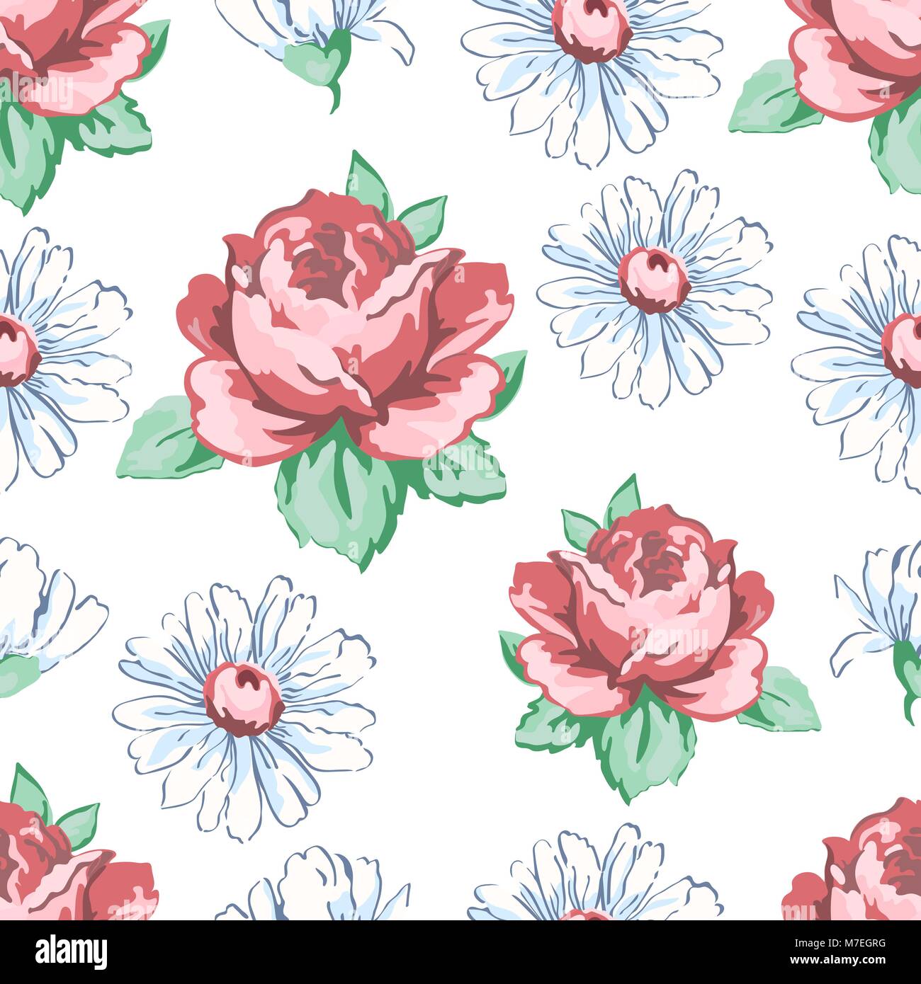 Rose and chamomile flower hand drawing seamless pattern, vector floral ...