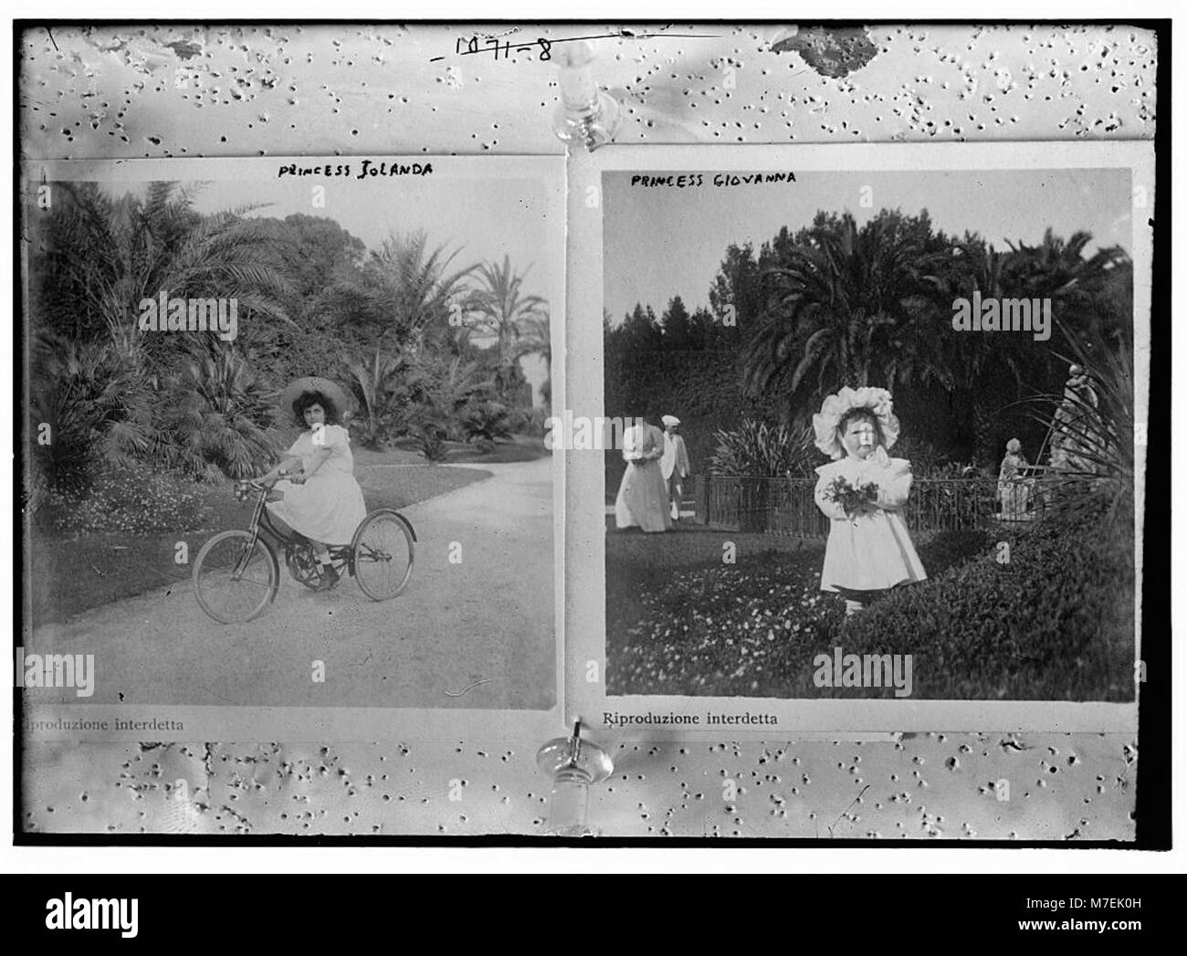 Princess Jolanda on bicycle; Princess Giovanna in garden holding flowers LCCN2014685188 Stock Photo