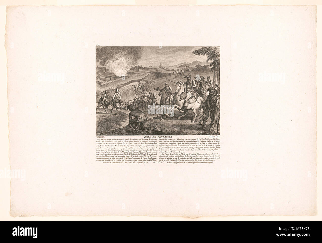 This engraving depicts the Capture of Pensacola, showcasing a battle scene with French forces involved in the conquest. Created by Lausan Berteaux and N. Ponce, it illustrates a significant military event during the 18th century. Stock Photo