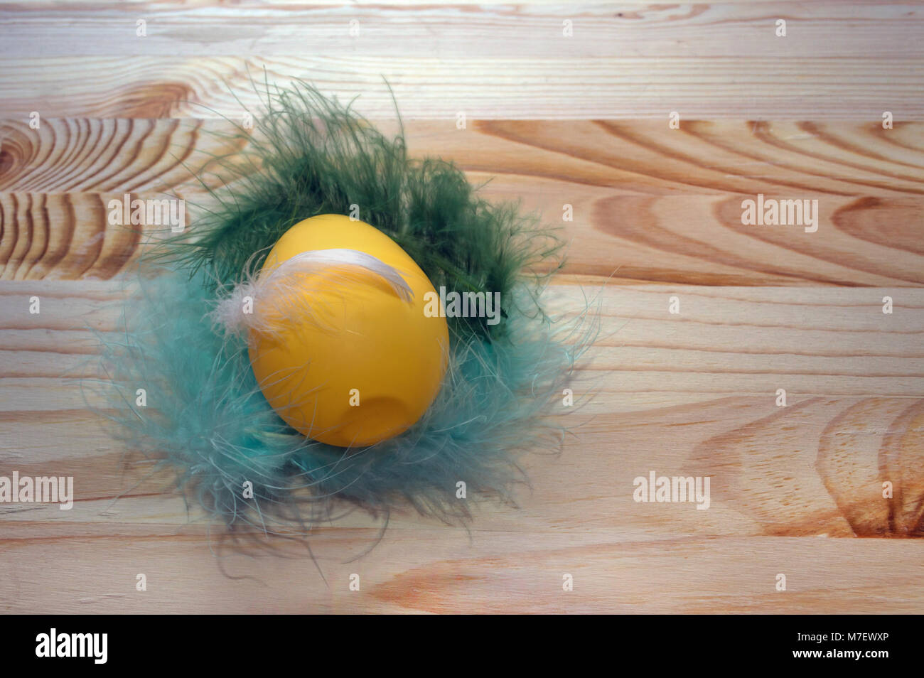 yellow egg lying on feathers with wooden background Stock Photo - Alamy