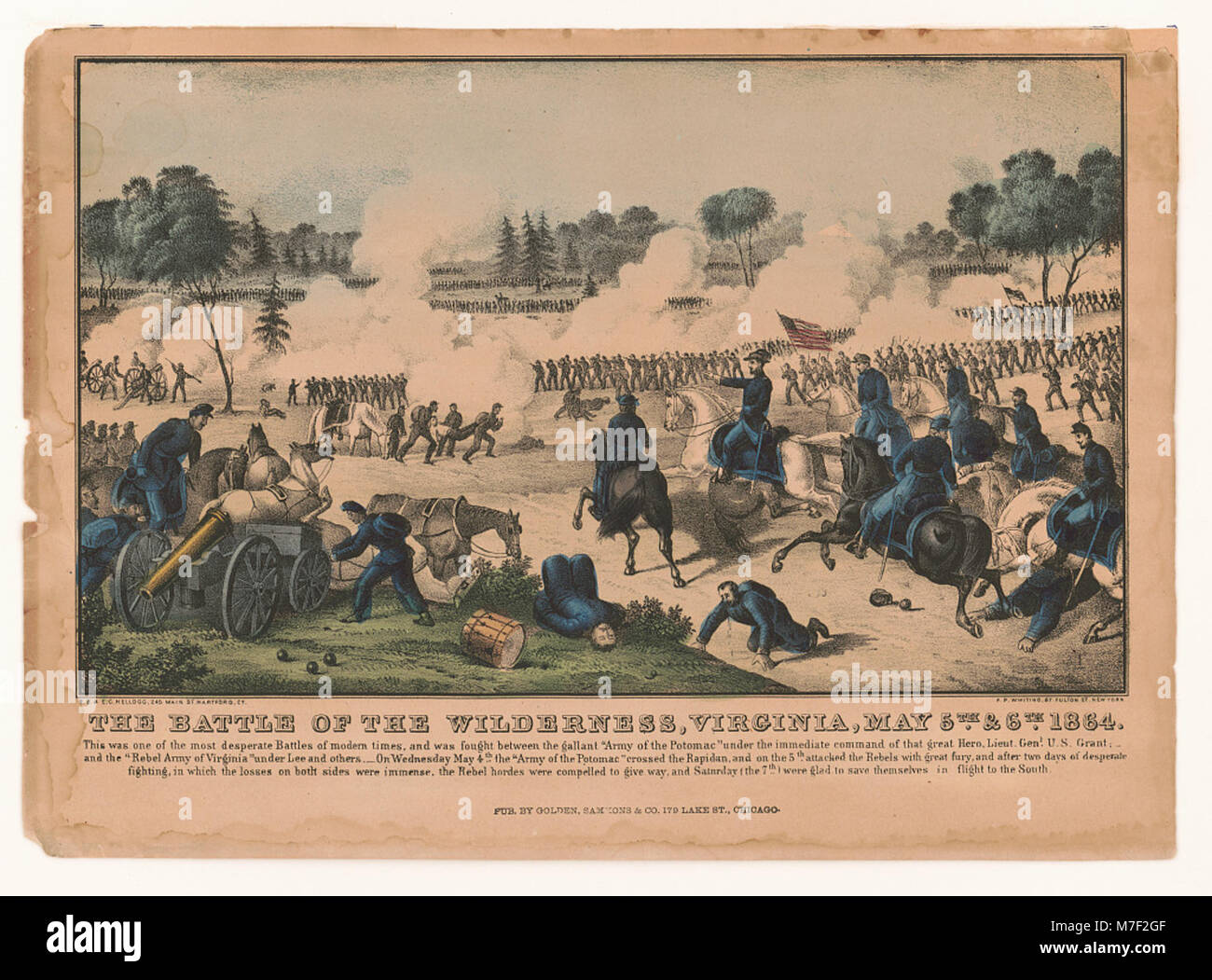 The Battle of the Wilderness, fought on May 5th and 6th, 1864, in Virginia, was one of the largest and bloodiest encounters of the American Civil War. It marked a crucial turning point in the conflict between Union and Confederate forces. Stock Photo