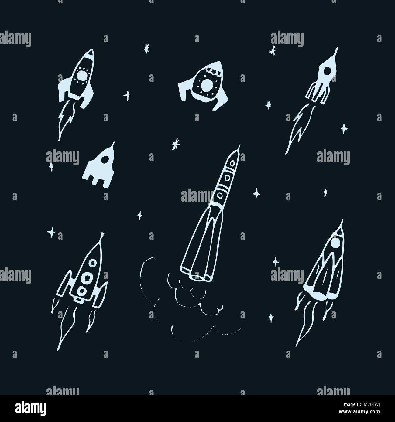 Vector set of hand drawn doodle rocket icon and rocket silhouette. Icon design rocket, spaceships, rocket ship Stock Vector