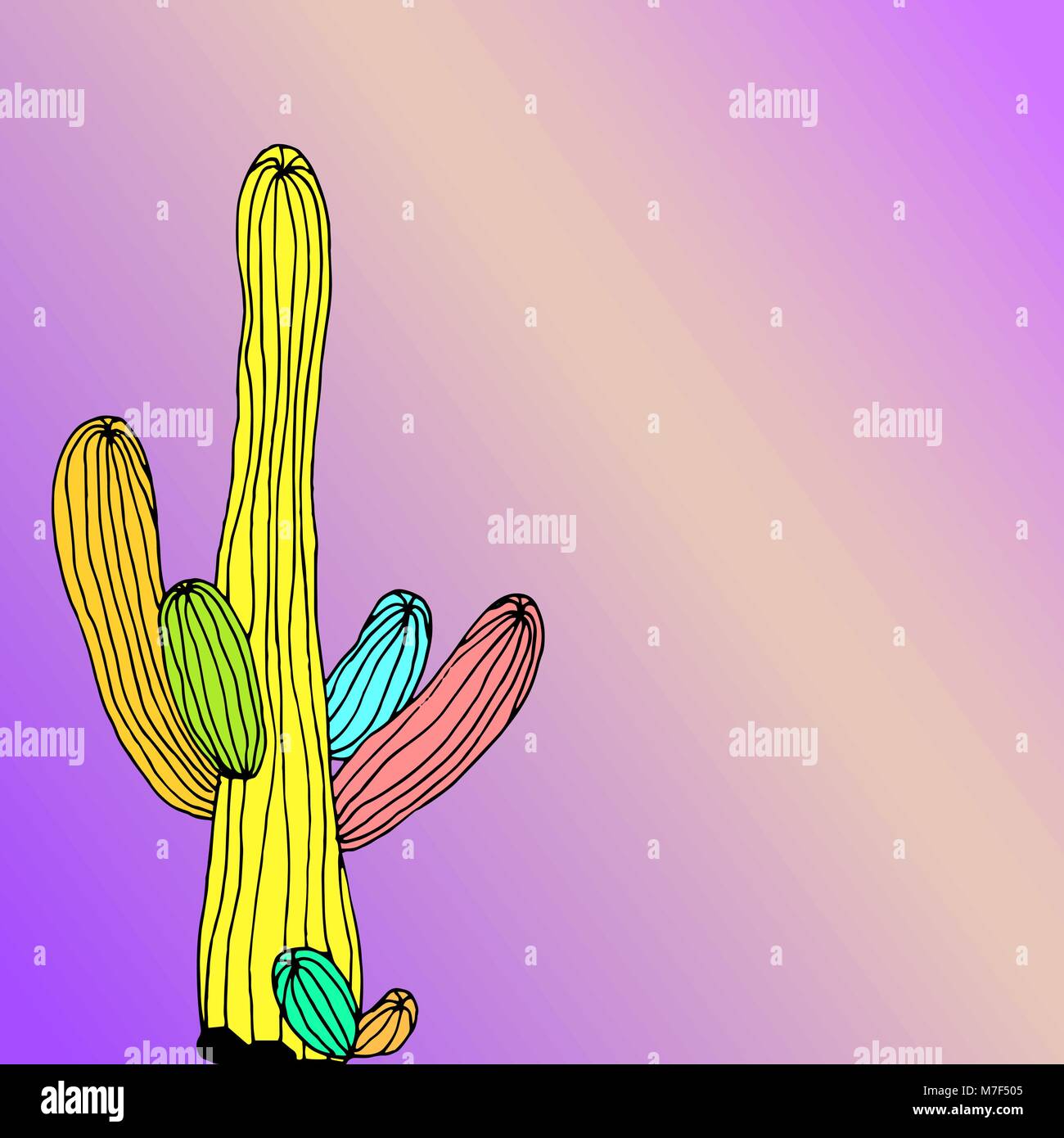 Vector cactus on grunge pink violet background. Minimal fashion trendy art Stock Vector