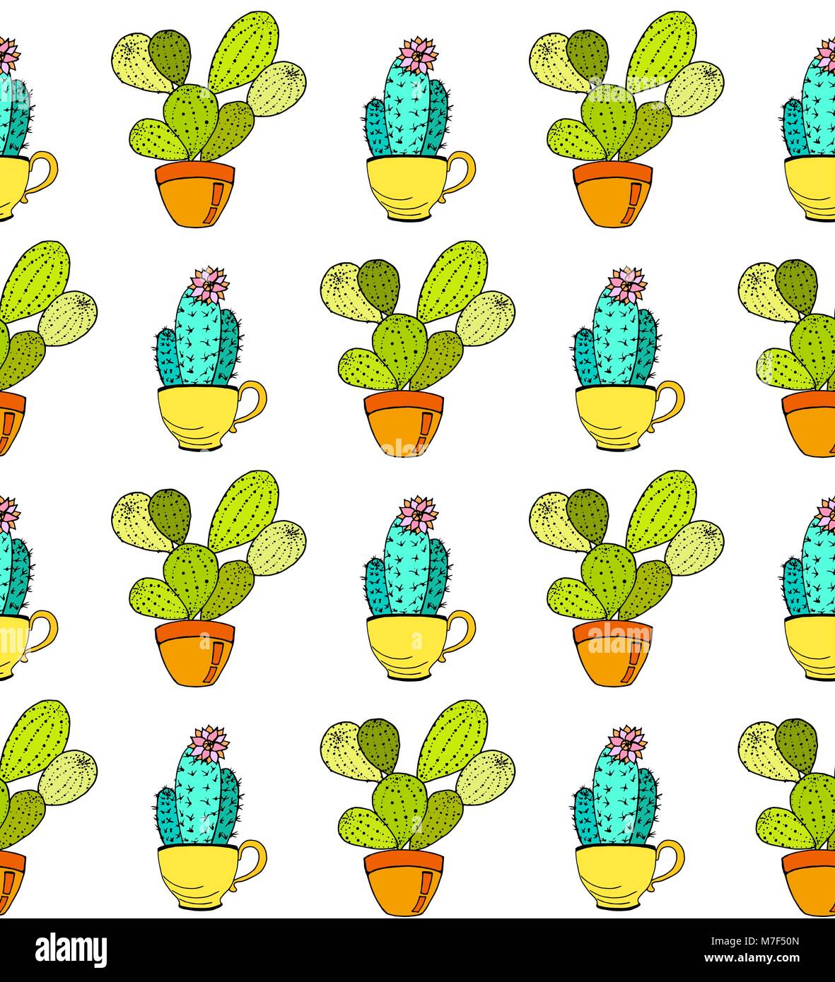 Vector cacti flower background. Seamless pattern with cactus in pot ...
