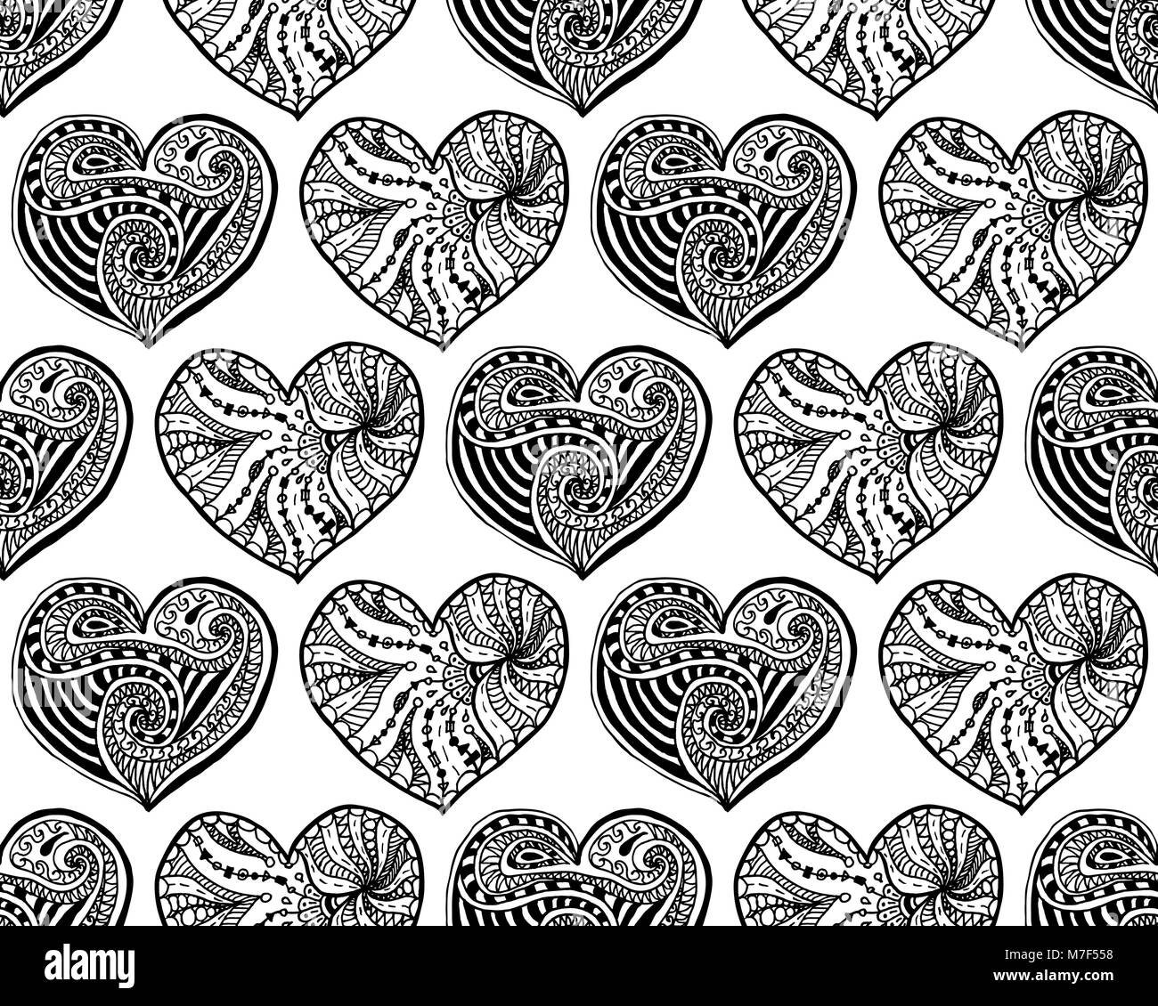 Vector seamless pattern from hand drawn doodle hearts. Black and white ...