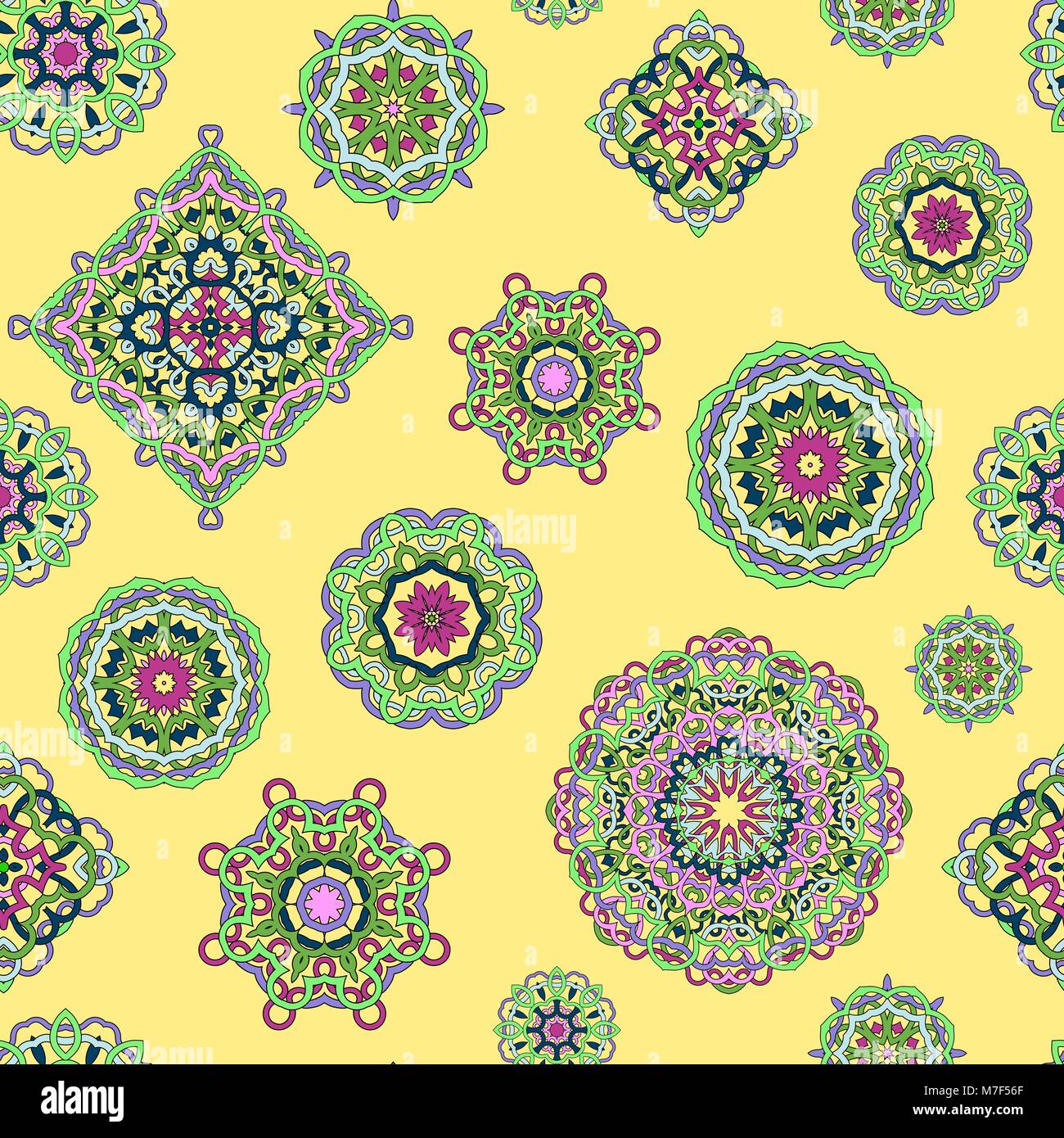 Vector seamless pattern from mandalas on yellow background Stock Vector ...