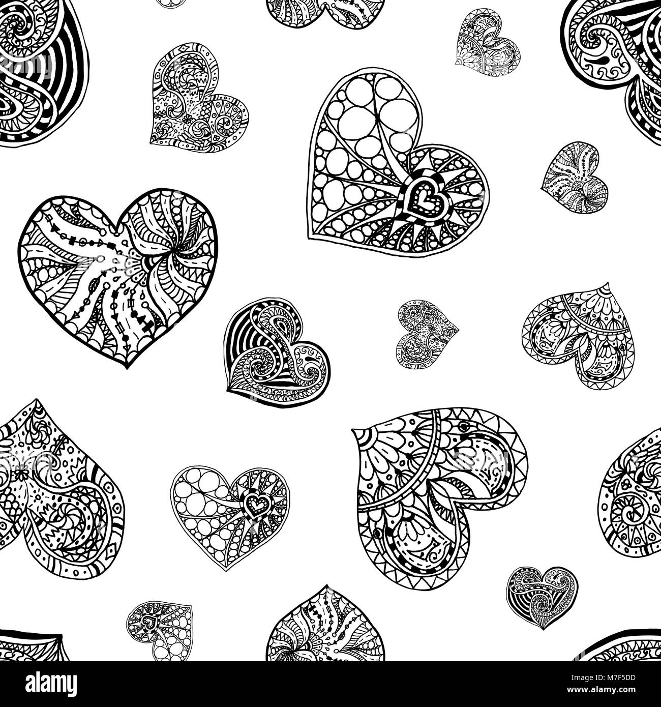 Vector seamless pattern from hand drawn doodle hearts. Black and white ...