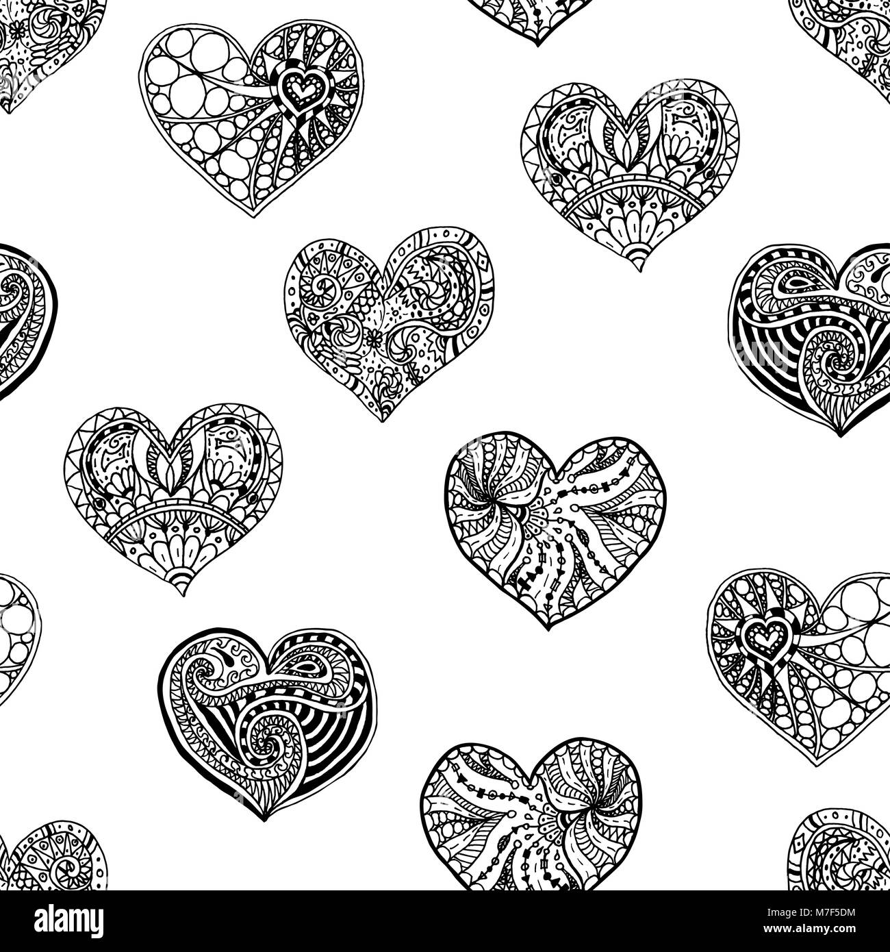 Vector seamless pattern from hand drawn doodle hearts. Black and white ...