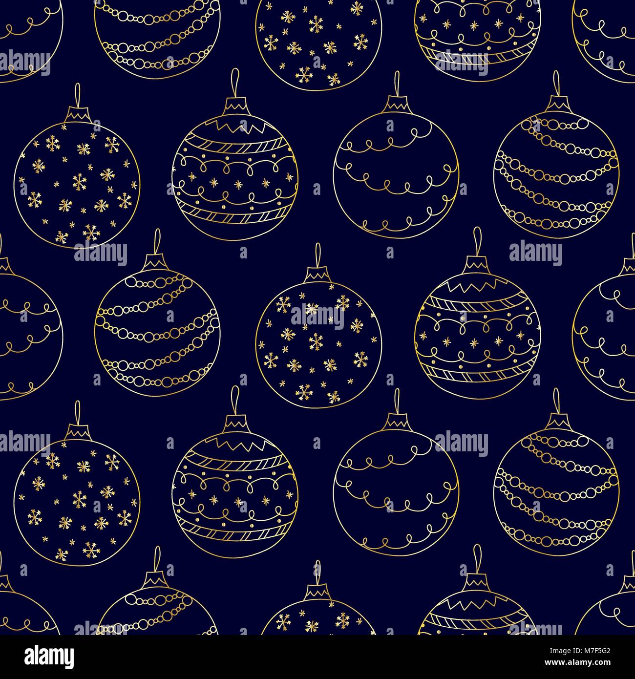 Vector seamless pattern of hand drawn golden Christmas ball toy on dark ...