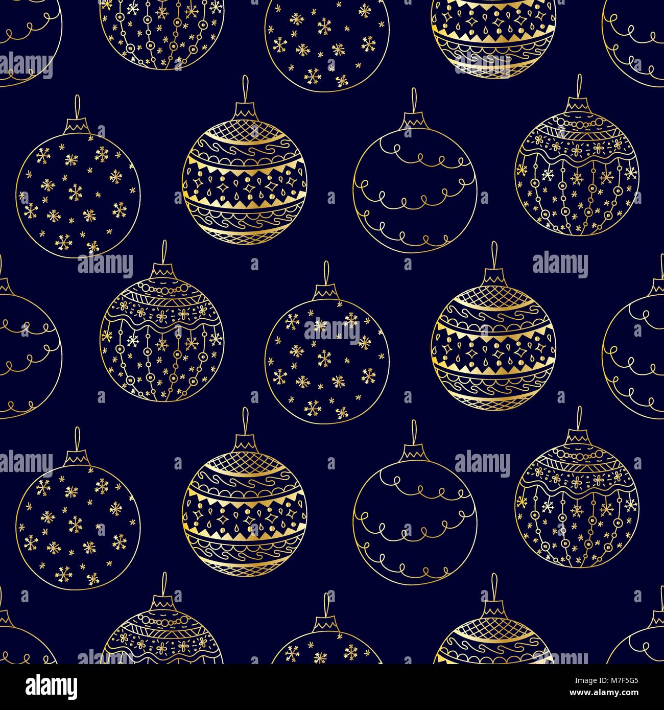 Vector seamless pattern of hand drawn golden Christmas ball toy on dark ...