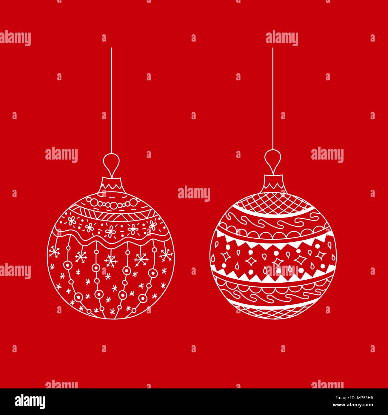 Vector set of white hand drawn Christmas tree ball toy with thread on ...