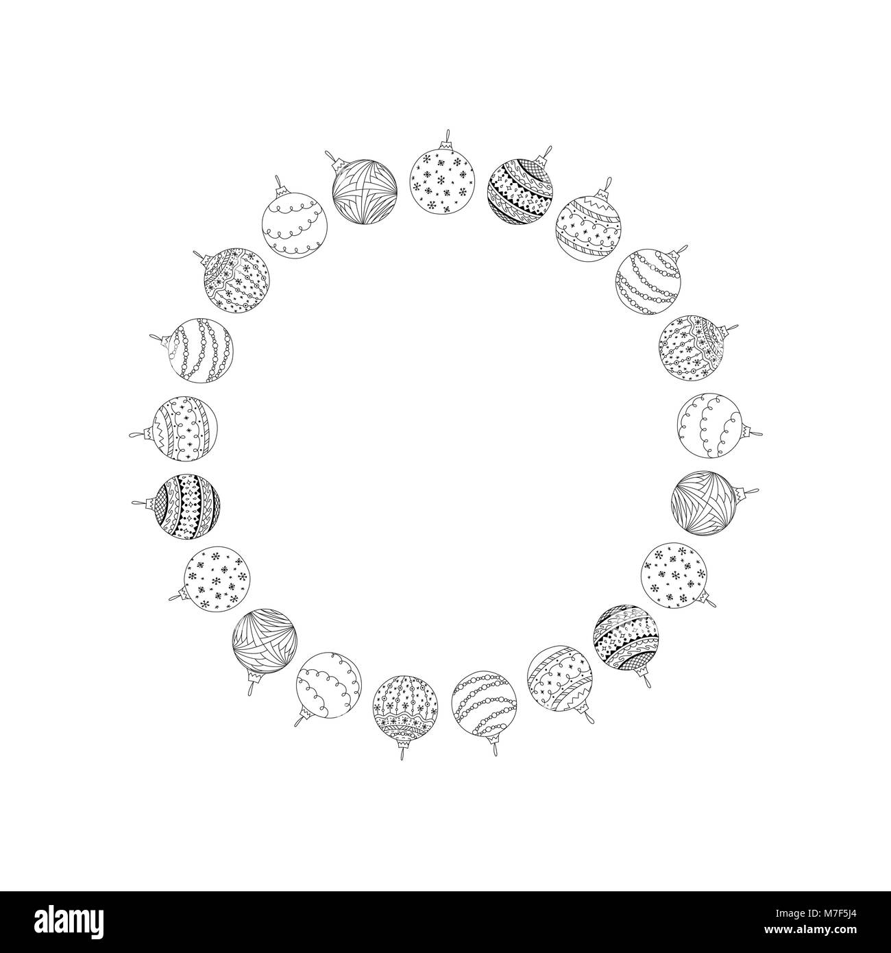 Vector decorative round frame from hand drawn Christmas tree ball toys ...