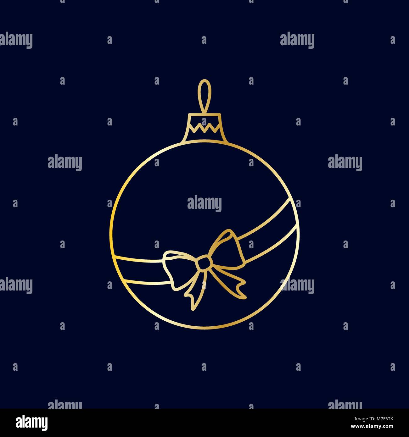 Vector simple golden Christmas tree ball with ribbon and bow. Line art ...