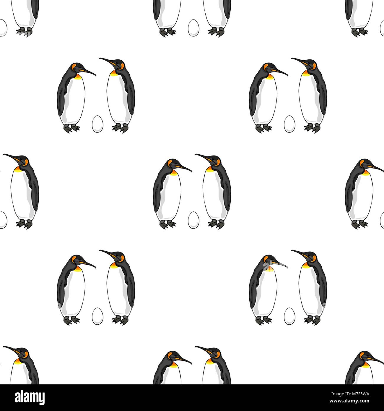 Vector seamless pattern of bird penguin couple with egg. Emperor penguin family Stock Vector