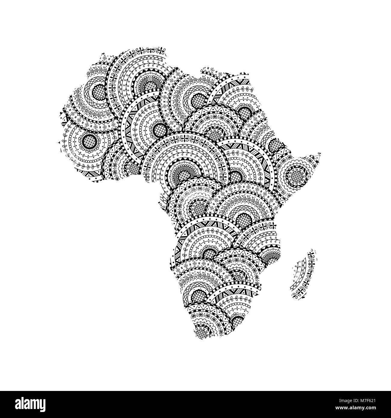 Vector silhouette of Africa and Madagascar map from black and white round mandalas. Coloring page book anti stress for adult. Stock Vector