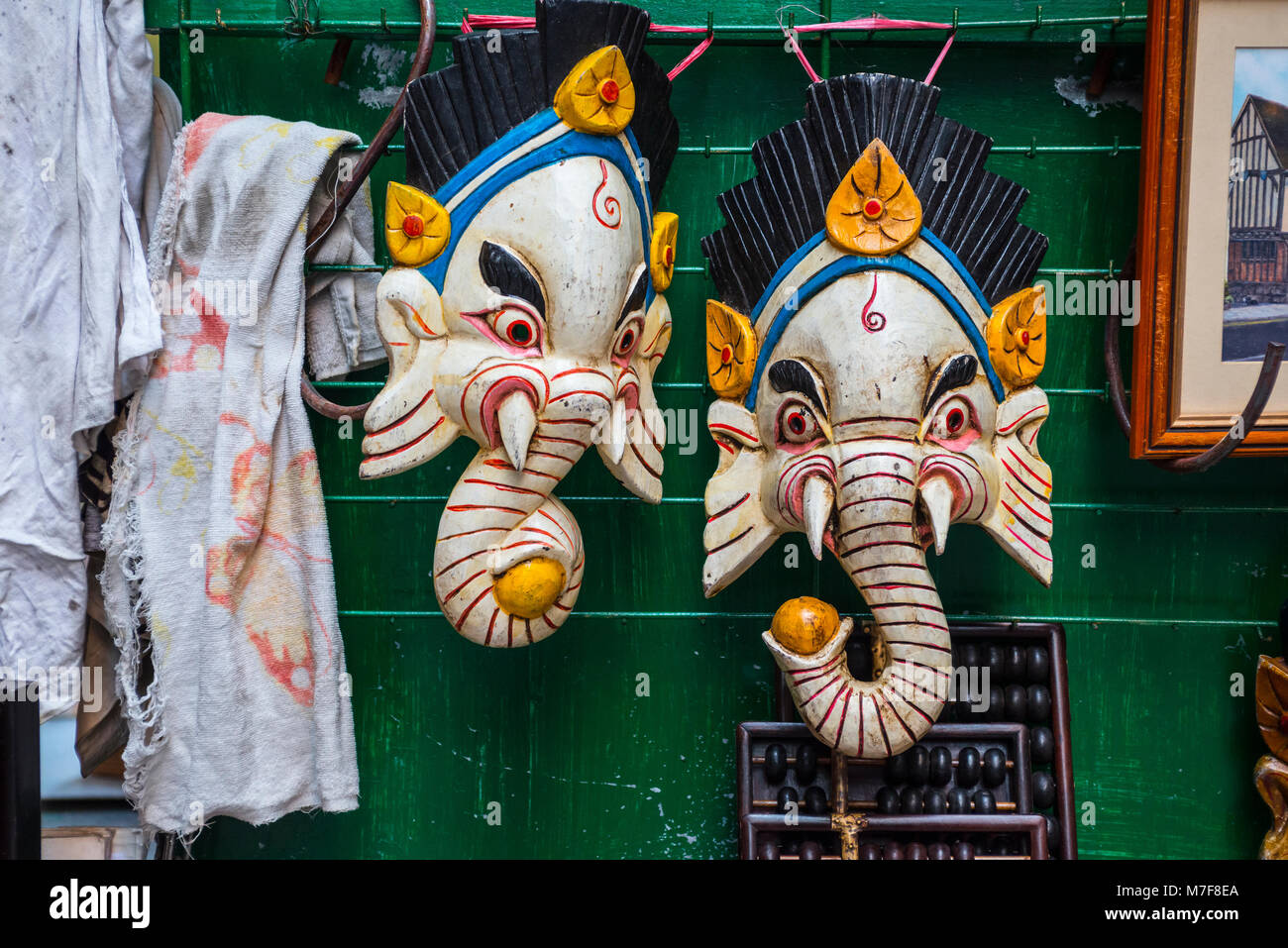 Carved Wooden Heads of the Hindu God, Ganesh, Cat Street Market, Hong Kong Stock Photo