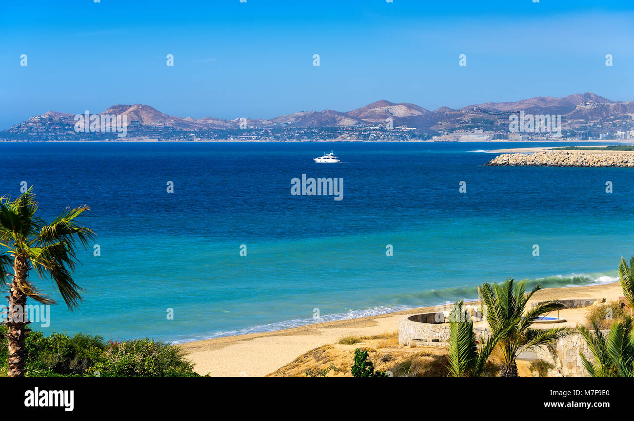 Yacht and coastline of Los Cabos, Mexico Stock Photo