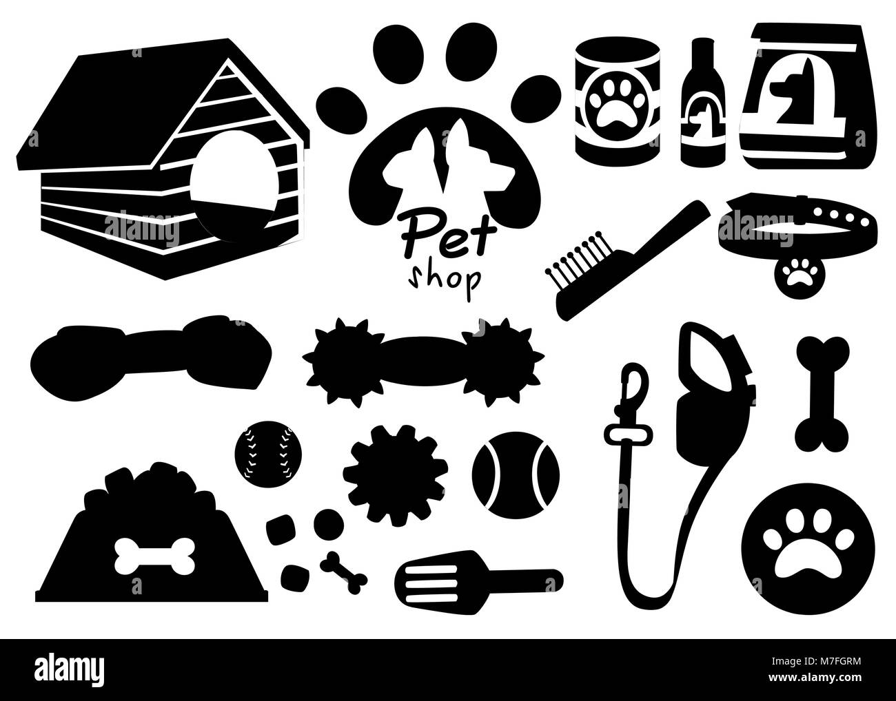 Set of pet shop black icons. Accessories for cats. Flat vector illustration. Feed, toys, bowl
