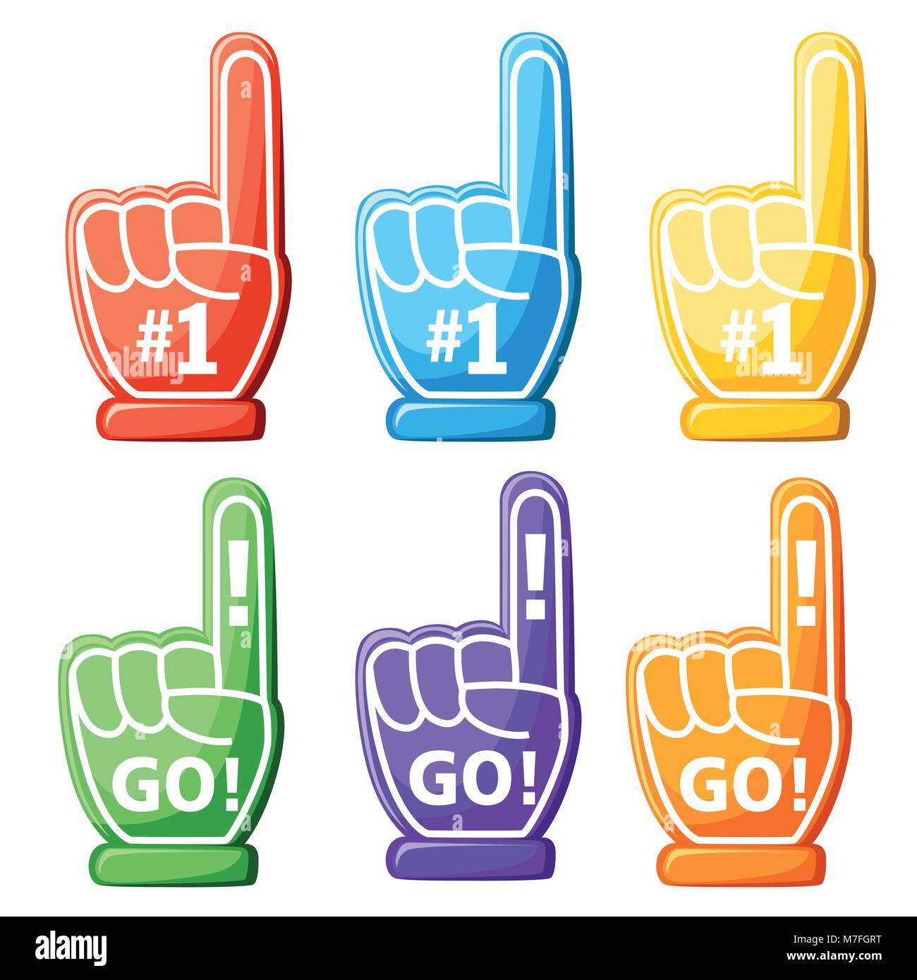 Set of foam hand. Colorful foam finger. Number One and GO design. Vector illustration isolated on white background. Web site page and mobile app desig Stock Vector