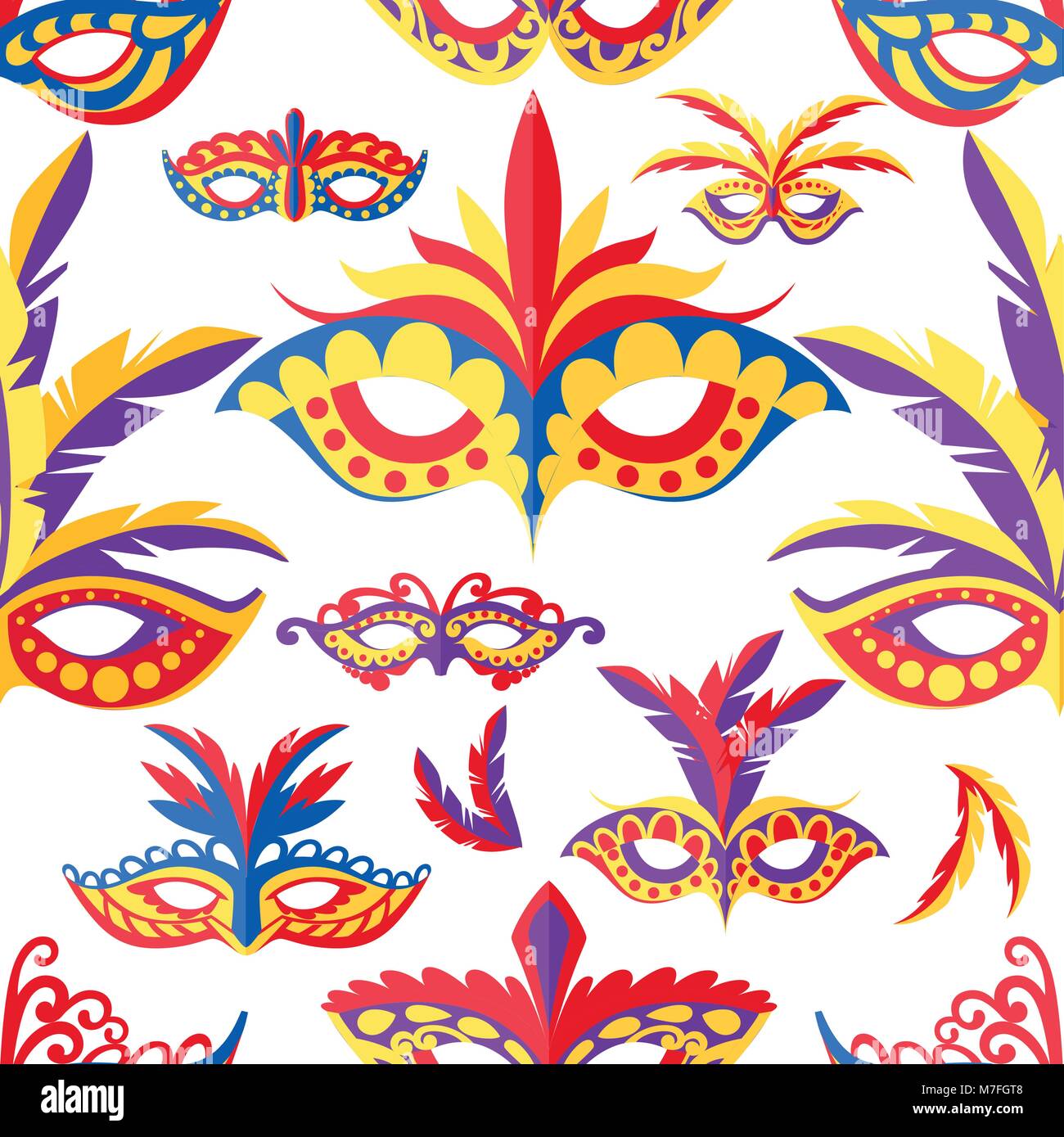 Seamless pattern of carnival face masks. Masks for party decoration or masquerade. Colored mask