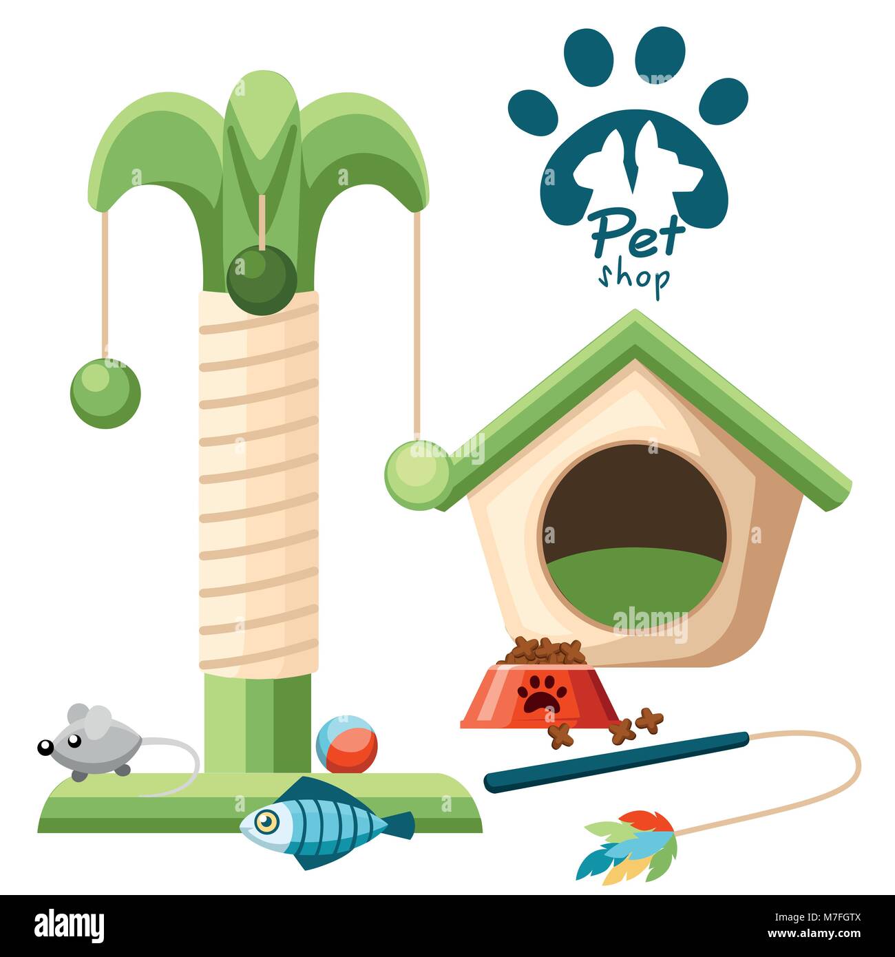Cat tree with cat house. Red bowl with food. Cat toys. Vector illustration isolated on white background. Web site page and mobile app design. Stock Vector