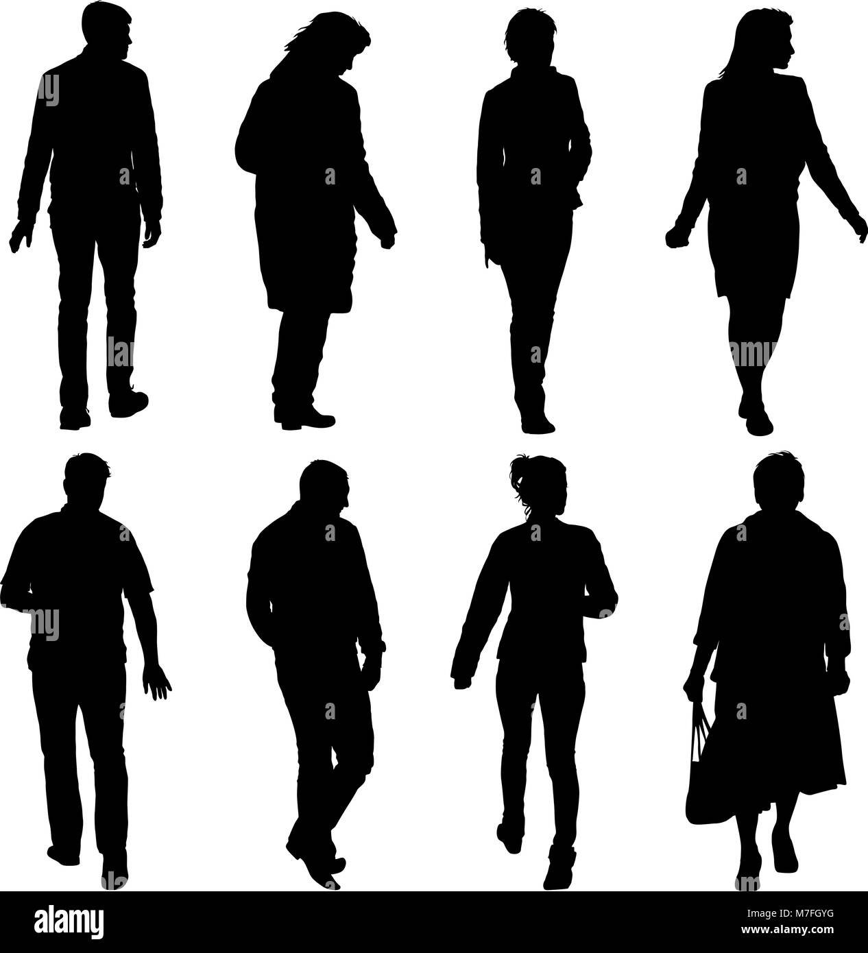 Black silhouette group of people standing in various poses Stock Vector