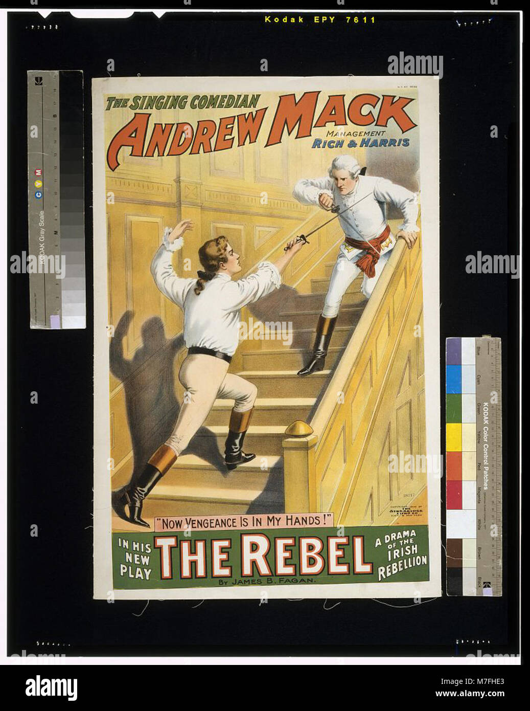 Andrew Mack, the singing comedian, performs in 'The Rebel,' a drama by James B. Fagen based on the Irish rebellion. The image captures Mack’s performance in the play, reflecting the drama’s historical and cultural themes. Stock Photo