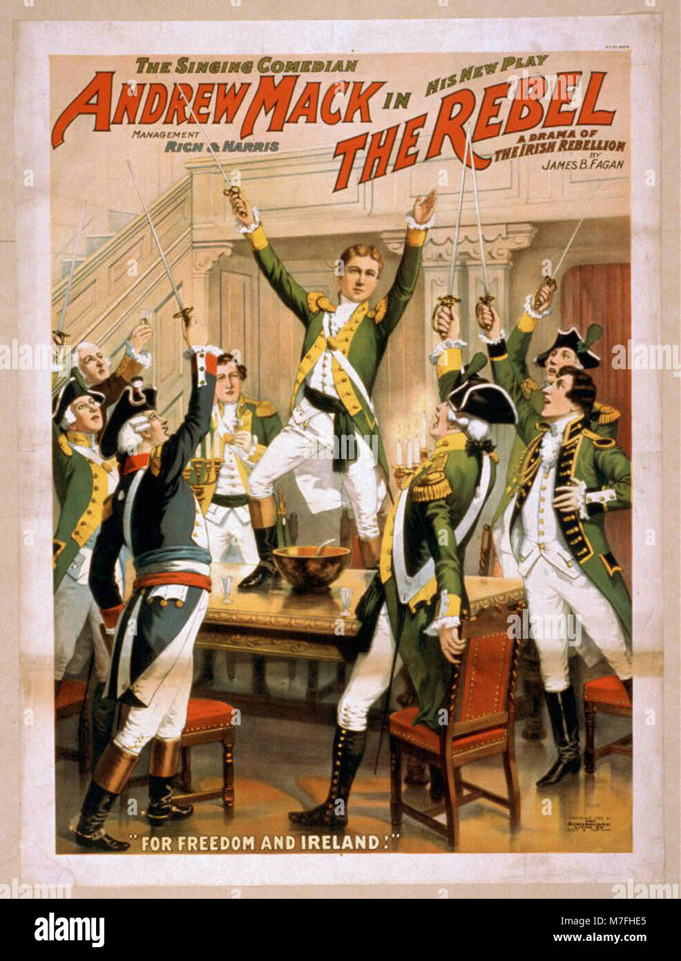 This poster promotes the new play 'The Rebel' by James B. Fagen, featuring comedian Andrew Mack. The drama explores themes from the Irish rebellion, showcasing Mack's singing and comedic talents in a historical setting. Stock Photo