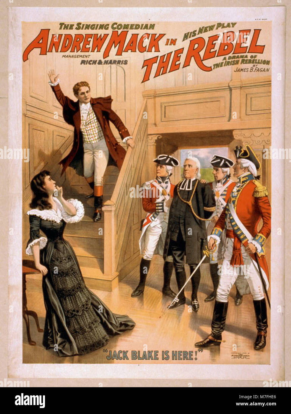 Andrew Mack, the famous singing comedian, starred in 'The Rebel,' a drama about the Irish Rebellion. Written by James B. Fagen, the play highlights the struggles and emotions of Irish independence movements. Stock Photo