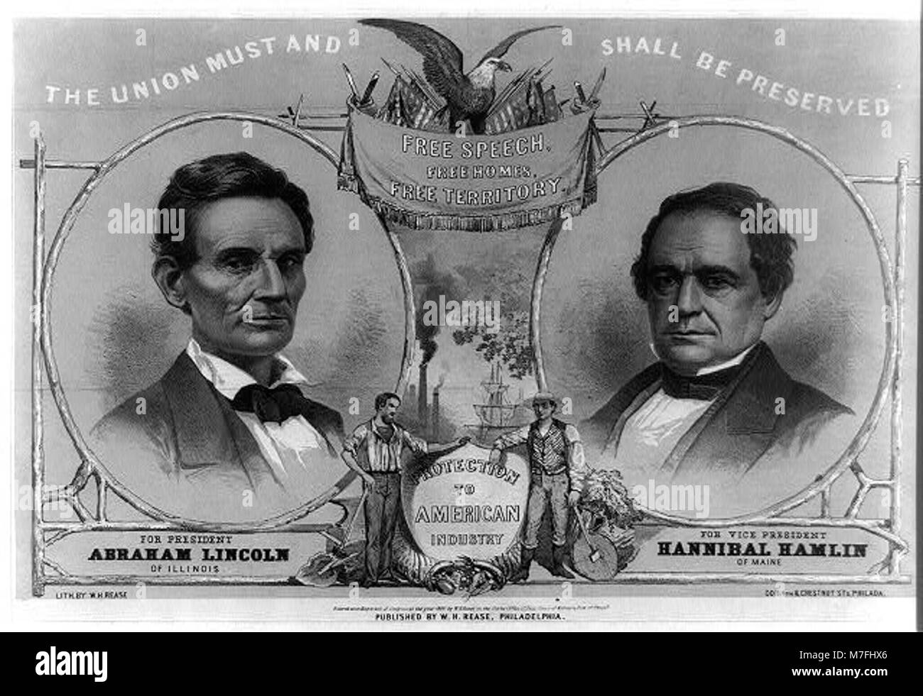 A historical image representing Abraham Lincoln's call to preserve the Union during the Civil War, alongside Vice President Hannibal Hamlin, emphasizing their leadership and commitment to the Union's survival. Stock Photo