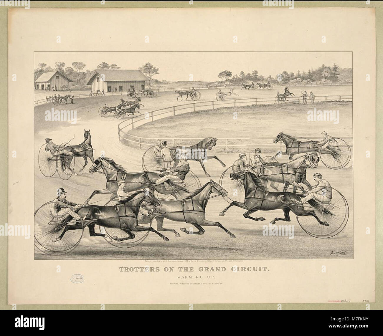 This photograph shows trotting horses warming up for a race on the ...