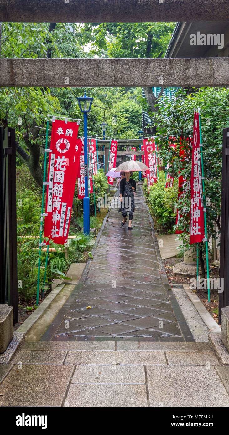 Japanese woman holding clear plastic umbrella walking on damp stone path amongst wet green shrubs and red temple banners with white kanji Stock Photo