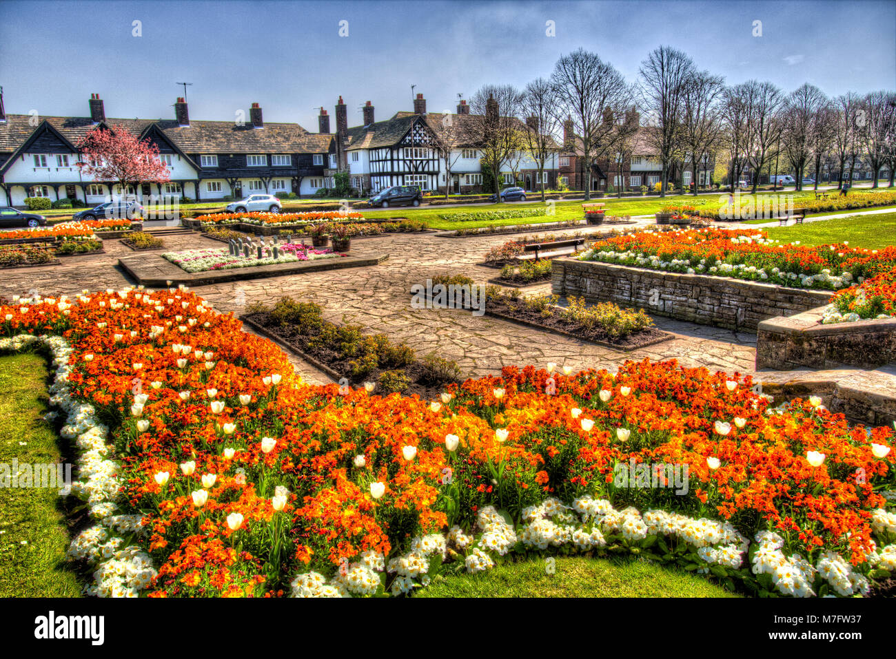 Village of Port Sunlight, England. Artistic spring view of Port Sunlight’s Diamond Garden. Stock Photo