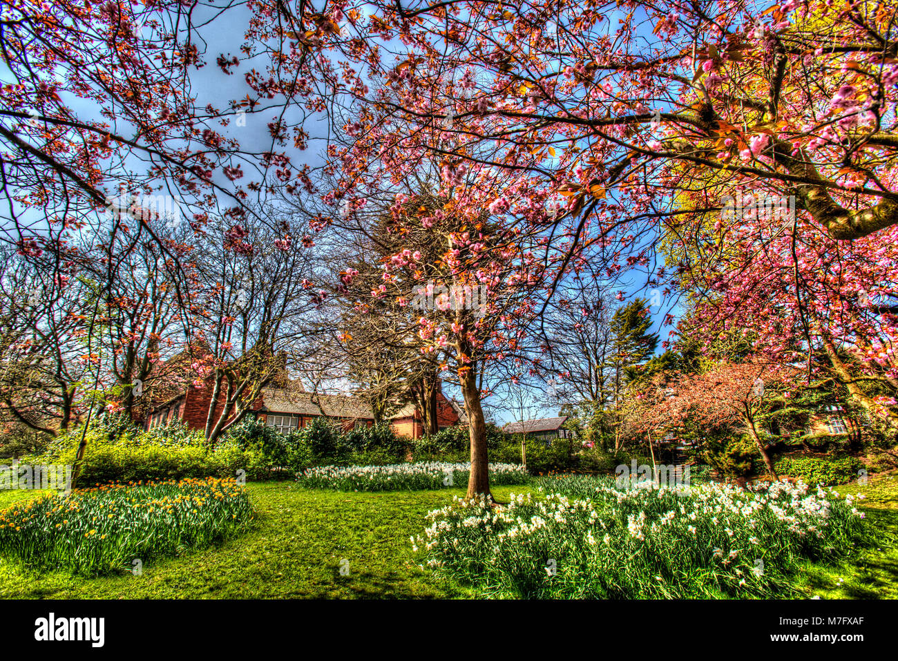 Village of Port Sunlight, England. Artistic spring view in Port Sunlight’s Dell, with the late 19th century Lyceum in the background. Stock Photo