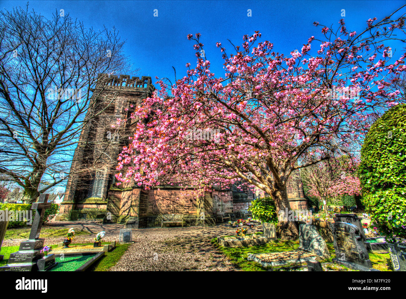 Village of Port Sunlight, England. Artistic spring view of Port Sunlight’s Christ Church. Stock Photo