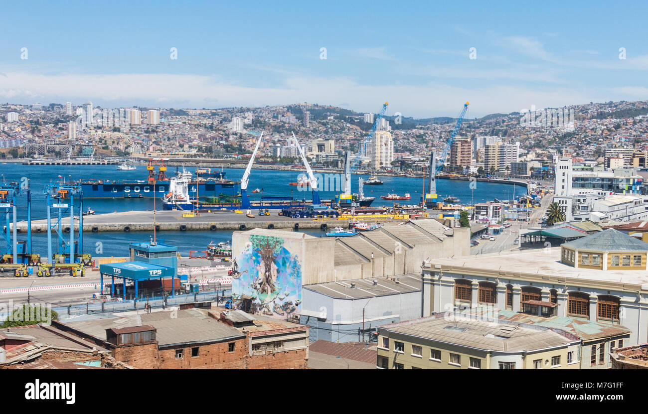VALPARAISO, CHILE- JANUARY 2, 2018: The busy cargo seaport in South America in Valparaiso, Chile. It is the most important seaport in Chile. Stock Photo