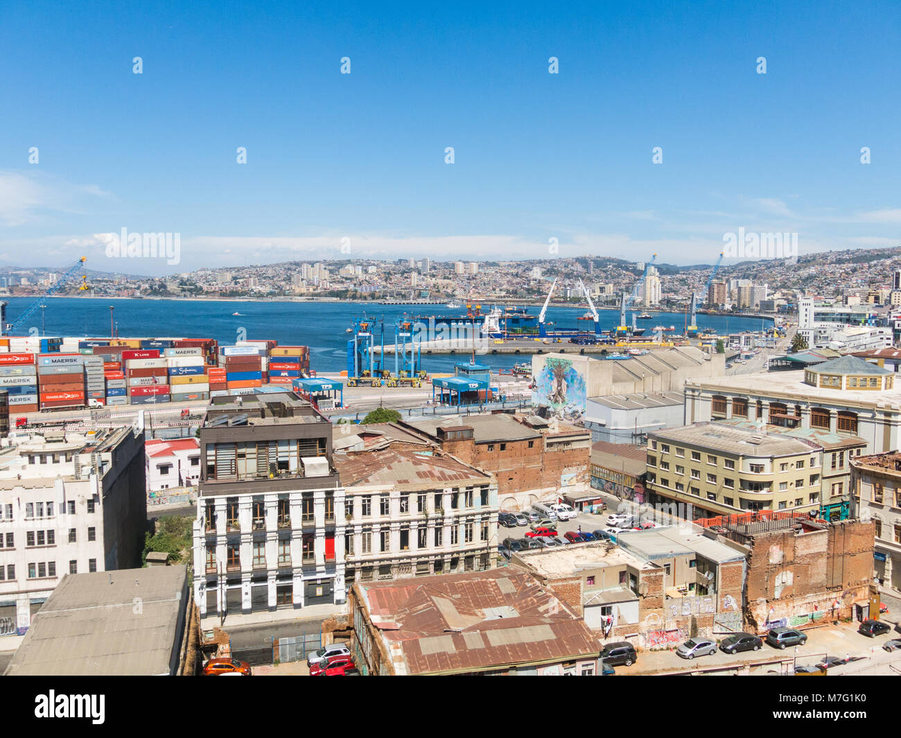 VALPARAISO, CHILE- JANUARY 2, 2018: The busy cargo seaport in South America in Valparaiso, Chile. It is the most important seaport in Chile. Stock Photo