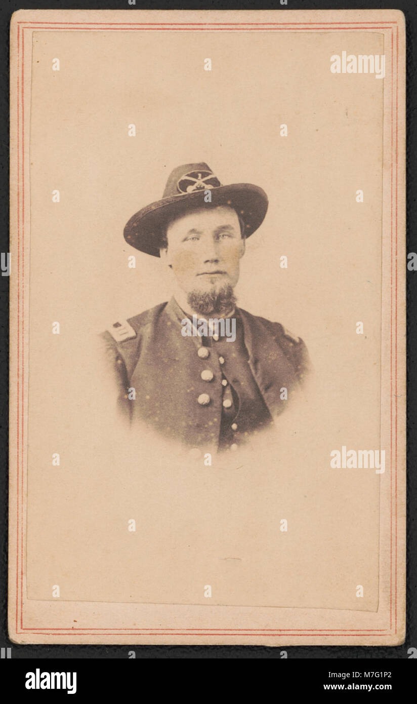 Captain Allen Banks, photographed in uniform, served in the 1st New York Veteran Cavalry Regiment. This image captures the captain’s presence in a historical setting, highlighting his role during the post-Civil War era, particularly in West Virginia. Stock Photo