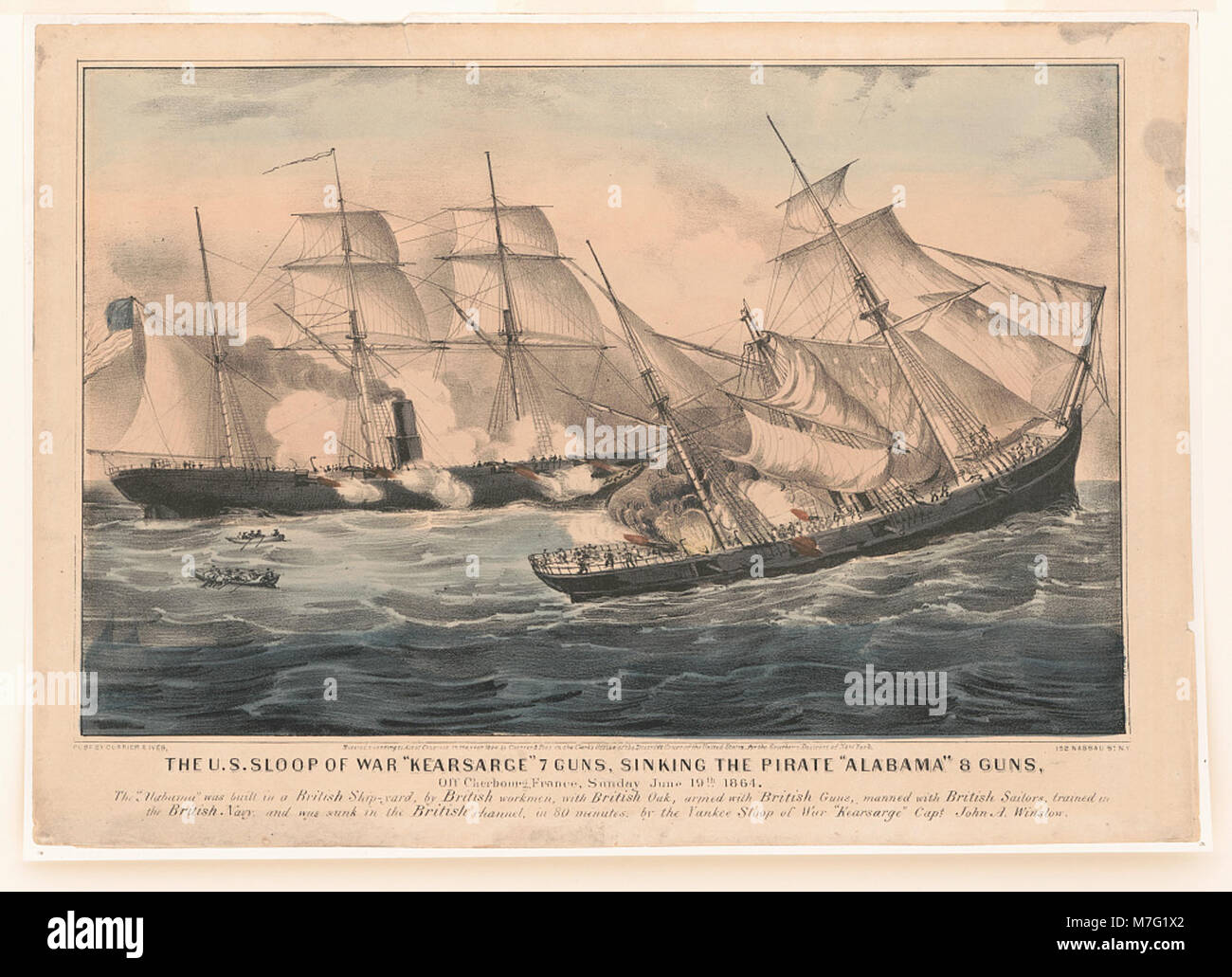 The U.S. sloop of war 'Kearsarge' 7 guns, sinking the pirate 'Alabama' 8 guns- off Cherbourg, France, Sunday June 19th. 1864 LCCN2002698109 Stock Photo