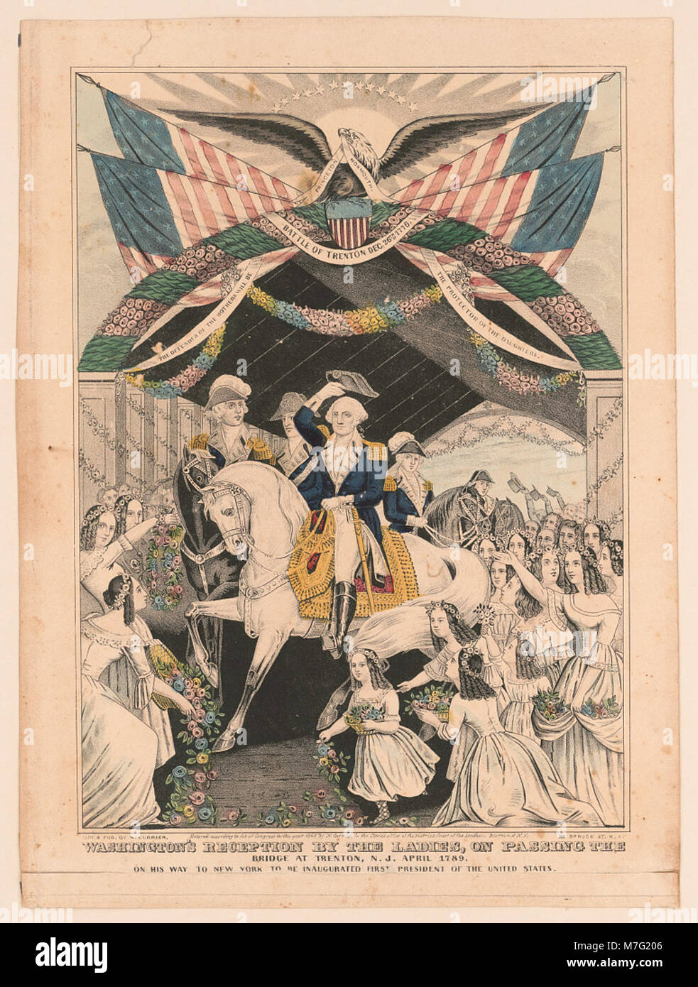 Washington's reception by the ladies, on passing the bridge at Trenton, N.J. April, 1789- on his way to New York to be inaugurated first President of the United States LCCN2002698181 Stock Photo