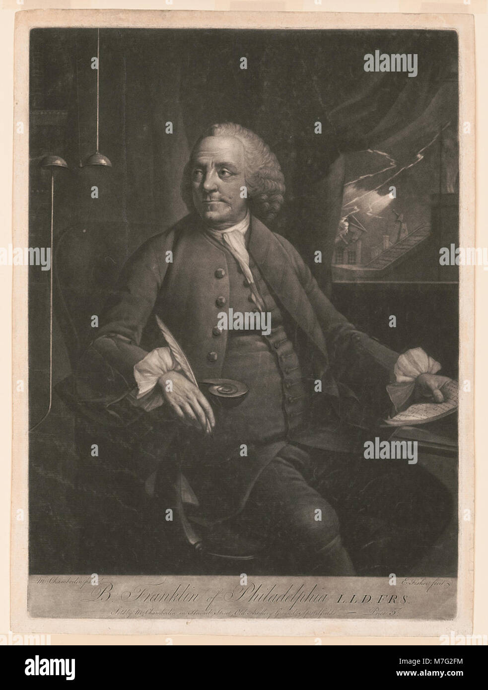 A portrait of Benjamin Franklin, engraved by E. Fisher and painted by M. Chamberlin, showcasing his role as a prominent American figure, scientist, and statesman. Stock Photo
