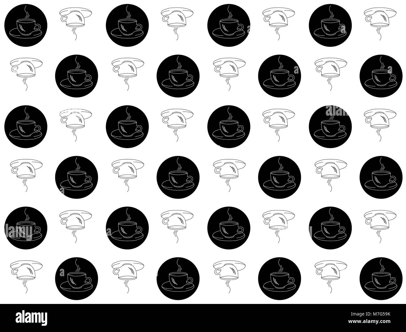 Seamless pattern of black and white coffee cups silhouettes on white background Stock Photo